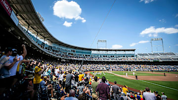 A general view as thousands of fans watch during the championship game of the Big Ten Baseball Tournament between Iowa and Maryland, Sunday, May 28, 2023, at Charles Schwab Field in Omaha, Neb.