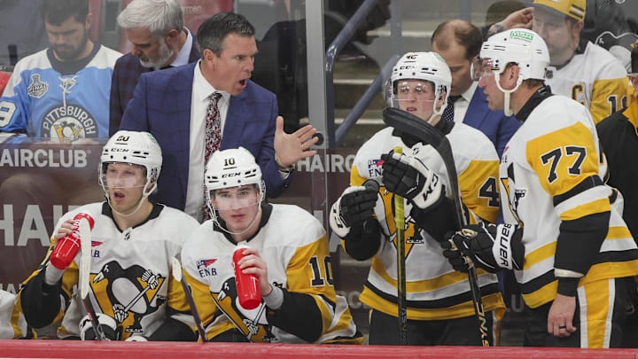 Dec 8, 2023; Sunrise, Florida, USA; Pittsburgh Penguins head coach Mike Sullivan reacts from the bench against the Florida Panthers during the third period at Amerant Bank Arena. Mandatory Credit: Sam Navarro-Imagn Images