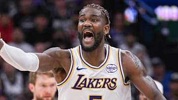 Oct 26, 2025; Sacramento, California, USA; Los Angeles Lakers center Deandre Ayton (5) reacts to a call during the fourth quarter of the game against the Sacramento Kings at Golden 1 Center. Mandatory Credit: Ed Szczepanski-Imagn Images