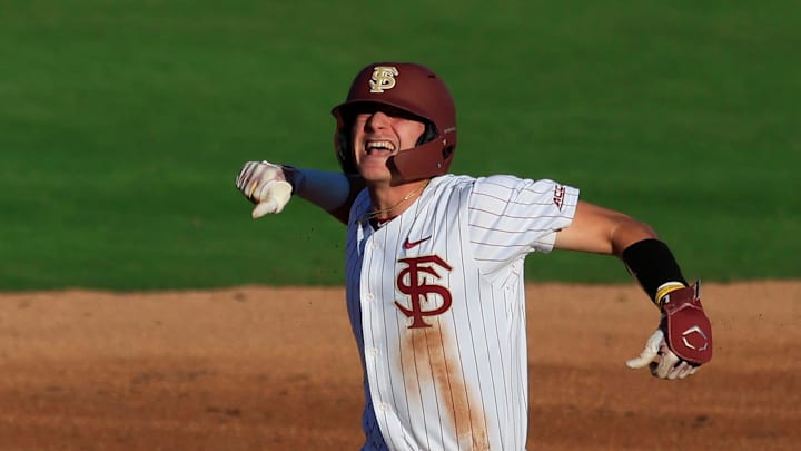 Florida St. infielder Alex Lodise (1) reacts to his double at second base during the first inning of an NCAA college baseball matchup Tuesday, March 25, 2025 at VyStar Ballpark in Jacksonville, Fla. FSU rallied to defeat UF 8-4 off a walk-off grand slam from Alex Lodise in the ninth inning.