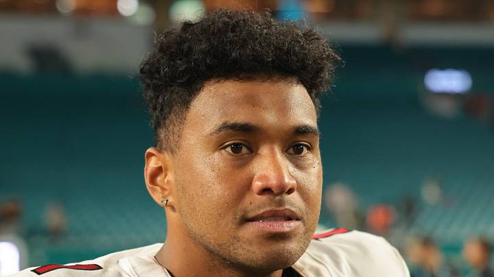 Aug 28, 2026; Miami Gardens, Florida, USA; Atlanta Falcons quarterback Tua Tagovailoa (1) looks on after the game against the Miami Dolphins at Hard Rock Stadium. Mandatory Credit: Sam Navarro-Imagn Images