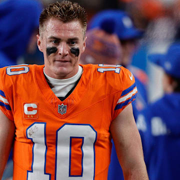 Nov 6, 2025; Denver, Colorado, USA; Denver Broncos quarterback Bo Nix (10) in the fourth quarter against the Las Vegas Raiders at Empower Field at Mile High. 