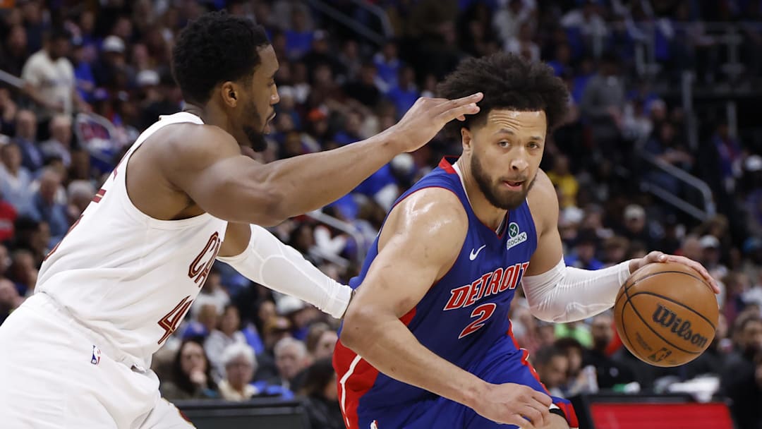 May 13, 2026; Detroit, Michigan, USA; Detroit Pistons guard Cade Cunningham (2) is defended by Cleveland Cavaliers guard Donovan Mitchell (45) in the second half during game five of the second round of the 2026 NBA Playoffs at Little Caesars Arena. Mandatory Credit: Rick Osentoski-Imagn Images May 13, 2026; Detroit, Michigan, USA; Detroit Pistons guard Cade Cunningham (2) is defended by Cleveland Cavaliers guard Donovan Mitchell (45) in the second half during game five of the second round of the 2026 NBA Playoffs at Little Caesars Arena. Mandatory Credit: Rick Osentoski-Imagn Images