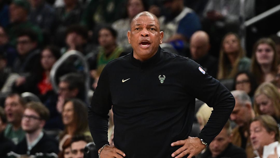 Apr 3, 2026; Milwaukee, Wisconsin, USA;  Milwaukee Bucks head coach Doc Rivers looks on in the second quarter against the Boston Celtics at Fiserv Forum. Mandatory Credit: Benny Sieu-Imagn Images