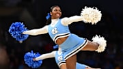 Mar 21, 2025; Milwaukee, WI, USA; Cheerleaders for the North Carolina Tar Heels during the second half of a first round NCAA men’s tournament game against the Mississippi Rebels at Fiserv Forum. 