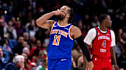 Dec 21, 2024; New Orleans, Louisiana, USA;  New York Knicks guard Jalen Brunson (11) reacts after making a three point basket against the New Orleans Pelicans during the second half at Smoothie King Center. Mandatory Credit: Stephen Lew-Imagn Images