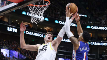 Feb 1, 2024; Salt Lake City, Utah, USA; Utah Jazz center Walker Kessler (24) and Philadelphia 76ers