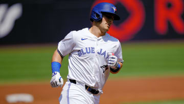 Toronto Blue Jays left fielder Daulton Varsho (25) heads for home on his two run home run against the Texas Rangers during the first inning at Rogers Centre on July 28.