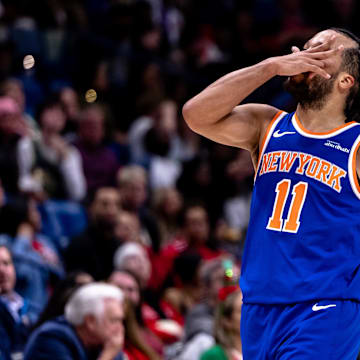 Dec 21, 2024; New Orleans, Louisiana, USA;  New York Knicks guard Jalen Brunson (11) reacts after making a three point basket against the New Orleans Pelicans during the second half at Smoothie King Center. Mandatory Credit: Stephen Lew-Imagn Images