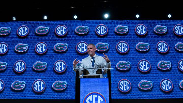 Florida Head Coach Billy Napier speaks at the 2023 SEC Football Kickoff Media Days at the Nashville Grand Hyatt on Broadway, Wednesday, July 19, 2023.