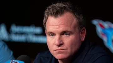 Tennessee Titans General Manager Mike Borgonzi fields questions from the media at Ascension Saint Thomas Sports Park in Nashville, Tenn., Tuesday, April 22, 2025.