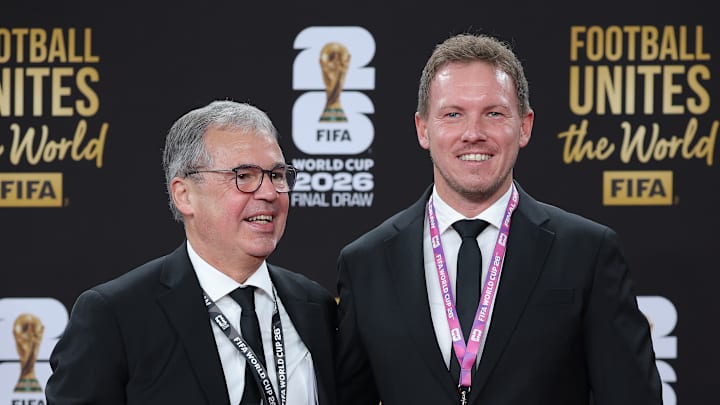 DFB-Sportgeschäftsführer Andreas Rettig und Bundestrainer Julian Nagelsmann bei der Auslosung