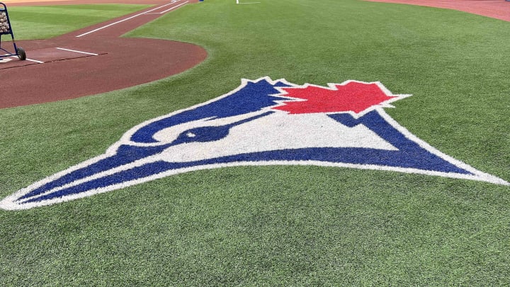 Aug 14, 2022; Toronto, Ontario, CAN; The Toronto Blue Jays logo during batting practice against the Cleveland Guardians at Rogers Centre. Mandatory Credit: Nick Turchiaro-USA TODAY Sports