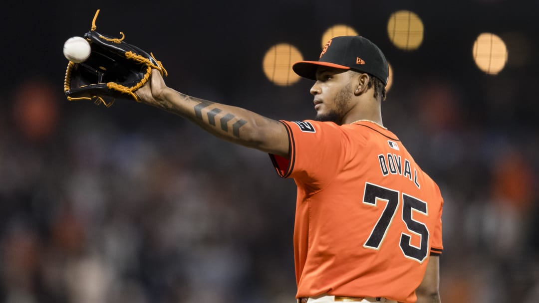 Jul 12, 2024; San Francisco, California, USA; San Francisco Giants closing pitcher Camilo Doval (75) prepares to throw against the Minnesota Twins during the ninth inning at Oracle Park.