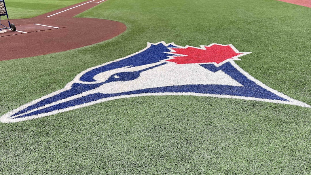 Aug 14, 2022; Toronto, Ontario, CAN; The Toronto Blue Jays logo during batting practice against the