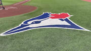 Aug 14, 2022; Toronto, Ontario, CAN; The Toronto Blue Jays logo during batting practice against the