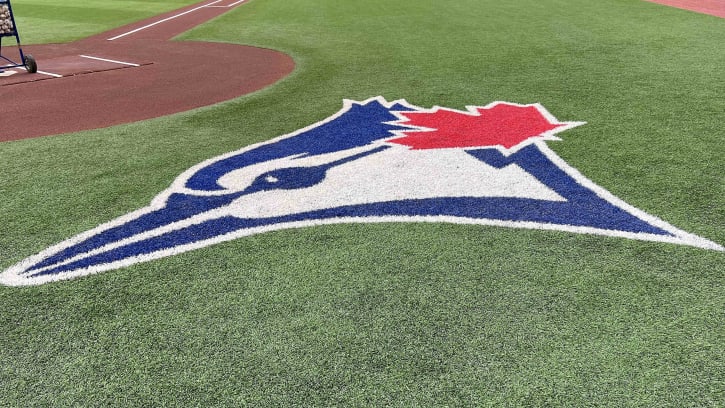 Aug 14, 2022; Toronto, Ontario, CAN; The Toronto Blue Jays logo during batting practice against the