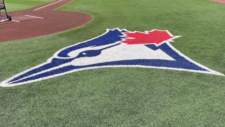 Aug 14, 2022; Toronto, Ontario, CAN; The Toronto Blue Jays logo during batting practice against the Cleveland Guardians at Rogers Centre. Mandatory Credit: Nick Turchiaro-USA TODAY Sports