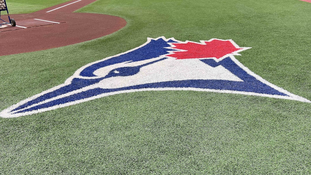 The Toronto Blue Jays logo during batting practice against the Cleveland Guardians at Rogers Centre.