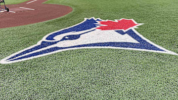 Aug 14, 2022:  The Toronto Blue Jays logo during batting practice against the Cleveland Guardians at Rogers Centre. 