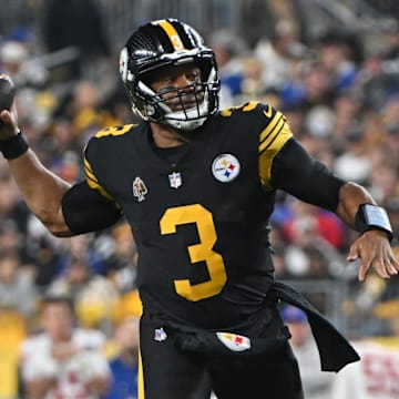 Oct 28, 2024; Pittsburgh, Pennsylvania, USA; Pittsburgh Steelers quarterback Russell Wilson (3) throws a pass against the New York Giants during the first quarter at Acrisure Stadium. Mandatory Credit: Barry Reeger-Imagn Images