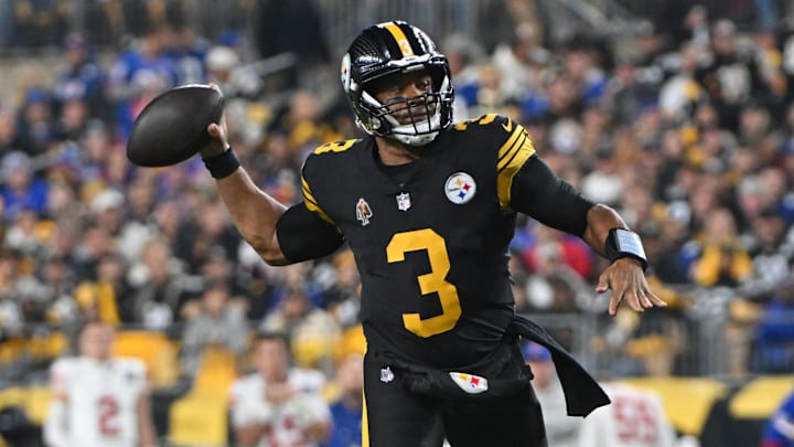 Oct 28, 2024; Pittsburgh, Pennsylvania, USA; Pittsburgh Steelers quarterback Russell Wilson (3) throws a pass against the New York Giants during the first quarter at Acrisure Stadium. Mandatory Credit: Barry Reeger-Imagn Images Oct 28, 2024; Pittsburgh, Pennsylvania, USA; Pittsburgh Steelers quarterback Russell Wilson (3) throws a pass against the New York Giants during the first quarter at Acrisure Stadium. Mandatory Credit: Barry Reeger-Imagn Images