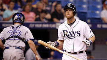 Sep 2, 2014; St. Petersburg, FL, USA; Tampa Bay Rays second baseman Ben Zobrist (18) looks on after he stuck out during the seventh inning against the Toronto Blue Jays at Tropicana Field. Mandatory Credit: Kim Klement-Imagn Images