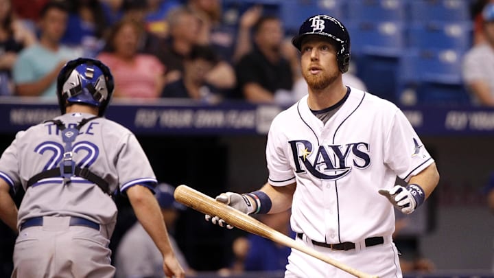 Sep 2, 2014; St. Petersburg, FL, USA; Tampa Bay Rays second baseman Ben Zobrist (18) looks on after he stuck out during the seventh inning against the Toronto Blue Jays at Tropicana Field. Mandatory Credit: Kim Klement-Imagn Images