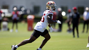 May 9, 2025; Santa Clara, CA, USA; San Francisco 49ers linebacker Nick Martin (45) works on a passing drill during the teamís rookie minicamp. Mandatory Credit: D. Ross Cameron-Imagn Images