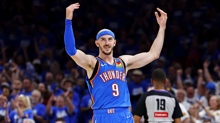 May 28, 2025; Oklahoma City, Oklahoma, USA; Oklahoma City Thunder guard Alex Caruso (9) celebrates after a play during the second quarter against the Minnesota Timberwolves in game five of the western conference finals for the 2025 NBA Playoffs at Paycom Center. Mandatory Credit: Alonzo Adams-Imagn Images
