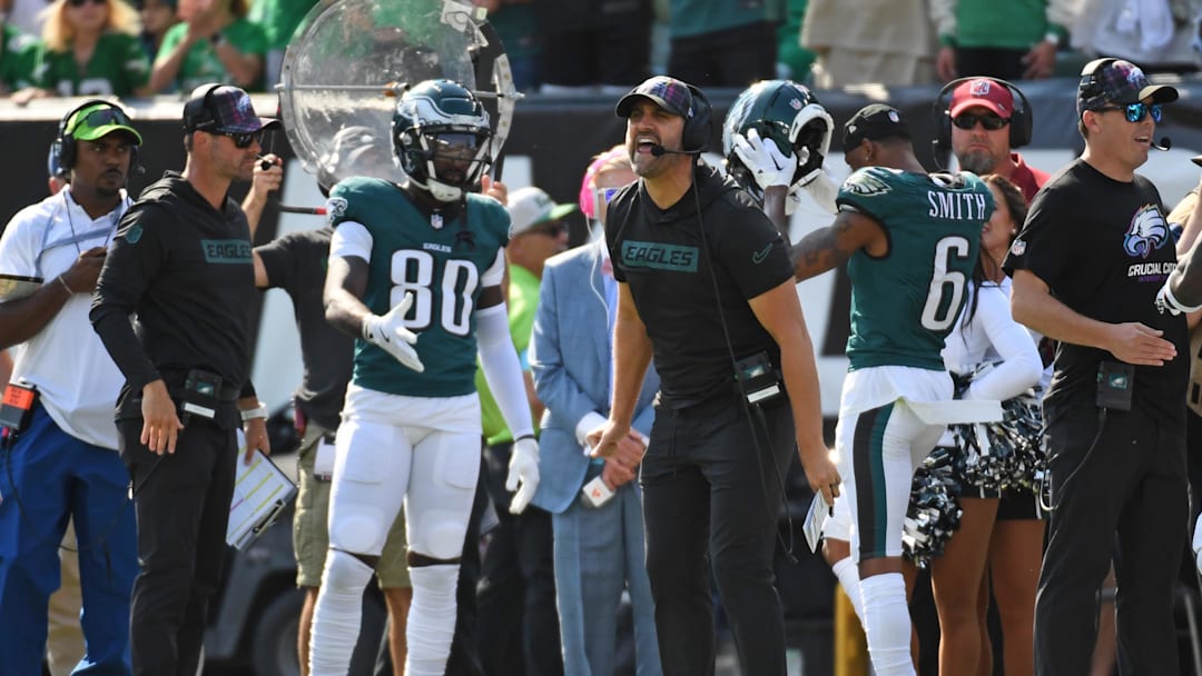 Oct 13, 2024; Philadelphia, Pennsylvania, USA; Philadelphia Eagles head coach Nick Sirianni on the sidelines against the Cleveland Browns at Lincoln Financial Field. Mandatory Credit: Eric Hartline-Imagn Images