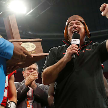 Georgia coach Kirby Smart celebrates after winning the NCAA Aflac Kickoff Game in Atlanta, on Saturday, Aug. 31, 2024. Georgia won 34-3.
