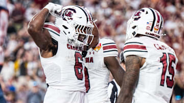 Dec 31, 2024; Orlando, FL, USA; South Carolina Gamecocks running back Dylan Stewart (6) celebrates his touchdown against the Illinois Fighting Illini in the fourth quarter at Camping World Stadium. Mandatory Credit: Jeremy Reper-Imagn Images