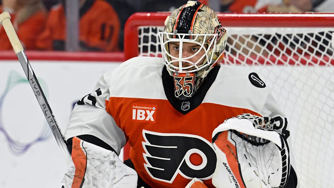 Nov 2, 2025; Philadelphia, Pennsylvania, USA; Philadelphia Flyers goaltender Aleksei Kolosov (35) against the Calgary Flames during the first period at Xfinity Mobile Arena.