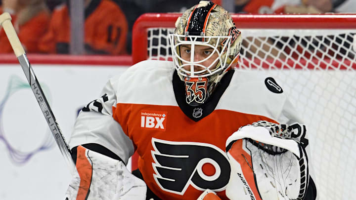 Nov 2, 2025; Philadelphia, Pennsylvania, USA; Philadelphia Flyers goaltender Aleksei Kolosov (35) against the Calgary Flames during the first period at Xfinity Mobile Arena.