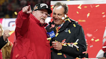 Jan 26, 2025; Kansas City, MO, USA; Kansas City Chiefs head coach Andy Reid reacts on stage while talking to Jim Nantz after defeating the Buffalo Bills in the AFC Championship game at GEHA Field at Arrowhead Stadium. Mandatory Credit: Denny Medley-Imagn Images