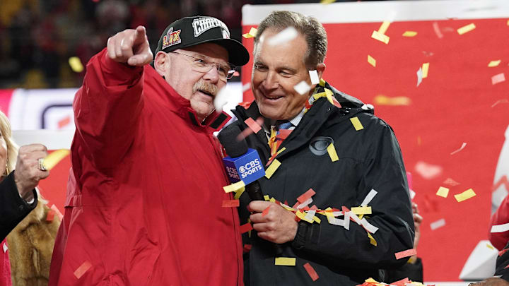 Jan 26, 2025; Kansas City, MO, USA; Kansas City Chiefs head coach Andy Reid reacts on stage while talking to Jim Nantz after defeating the Buffalo Bills in the AFC Championship game at GEHA Field at Arrowhead Stadium. Mandatory Credit: Denny Medley-Imagn Images