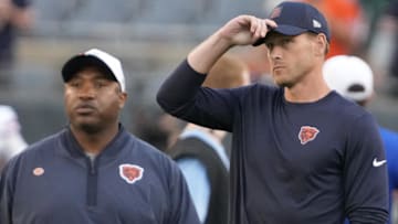 Chicago Bears head coach Ben Johnson on the field before a game against the Buffalo Bills at Soldier Field.