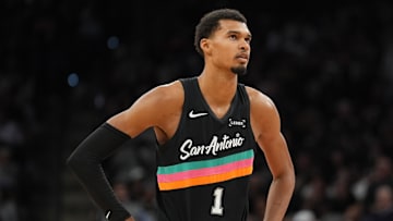 Nov 12, 2025; San Antonio, Texas, USA;  San Antonio Spurs forward Victor Wembanyama (1) looks up in the second half against the Golden State Warriors at Frost Bank Center. Mandatory Credit: Daniel Dunn-Imagn Images
