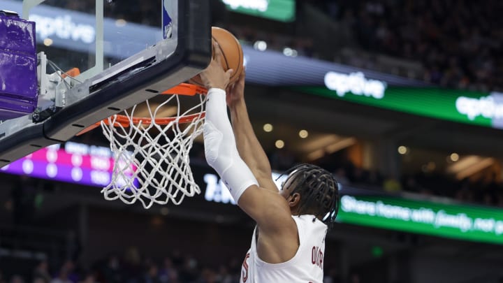 Jan 10, 2023; Salt Lake City, Utah, USA;  Cleveland Cavaliers forward Isaac Okoro (35) dunks the basketball during the first quarter against the Utah Jazz at Vivint Arena. Mandatory Credit: Chris Nicoll-USA TODAY Sports