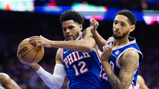 May 2, 2024; Philadelphia, Pennsylvania, USA; Philadelphia 76ers forward Tobias Harris (12) and guard Cameron Payne (22) play against the New York Knicks during the first half of game six of the first round for the 2024 NBA playoffs at Wells Fargo Center. Mandatory Credit: Bill Streicher-USA TODAY Sports