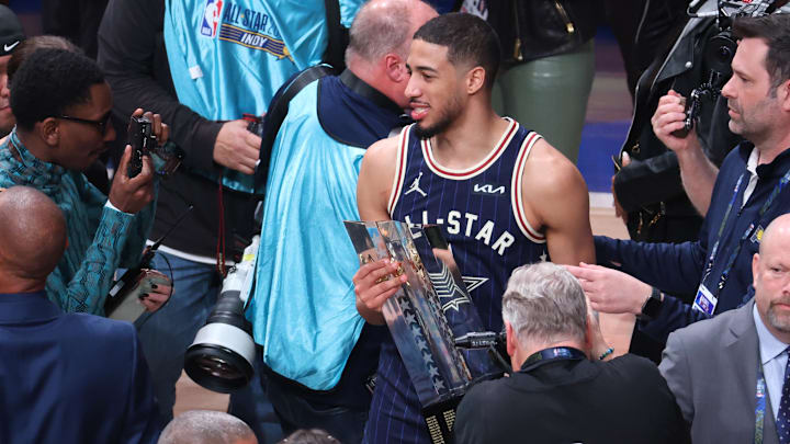 Feb 18, 2024; Indianapolis, Indiana, USA; Eastern Conference guard Tyrese Haliburton (0) of the Indiana Pacers is seen with the trophy following his team   s victory against the Western Conference All-Stars in the 73rd NBA All Star game at Gainbridge Fieldhouse. Mandatory Credit: Trevor Ruszkowski-Imagn Images