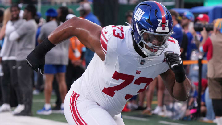 East Rutherford, NJ -- August 24, 2024 -- Evan Neal of the Giants before the game. The New York Giants and New York Jets meet at MetLife Stadium in the final preseason game of the 2024 season for both teams.