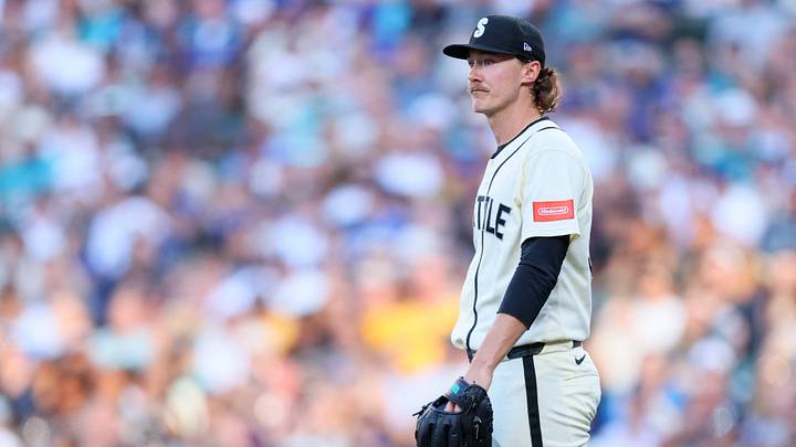 Jun 19, 2026; Seattle, Washington, USA; Seattle Mariners pitcher Bryce Miller (50) looks on in the second inning against the Boston Red Sox at T-Mobile Park. Mandatory Credit: Kevin Ng-Imagn Images