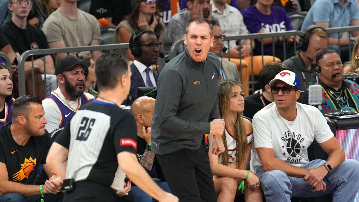 Apr 28, 2024; Phoenix, Arizona, USA; Phoenix Suns head coach Frank Vogel shouts at referee Pat