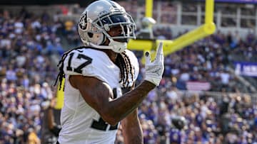 Sep 15, 2024; Baltimore, Maryland, USA; Las Vegas Raiders wide receiver Davante Adams (17) celebrates after scoring a touchdown during the second half against the Baltimore Ravens at M&T Bank Stadium. 