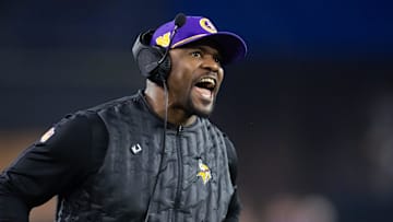 Jan 13, 2025; Glendale, AZ, USA; Minnesota Vikings defensive coordinator Brian Flores against the Los Angeles Rams during an NFC wild card game at State Farm Stadium. Mandatory Credit: Mark J. Rebilas-Imagn Images