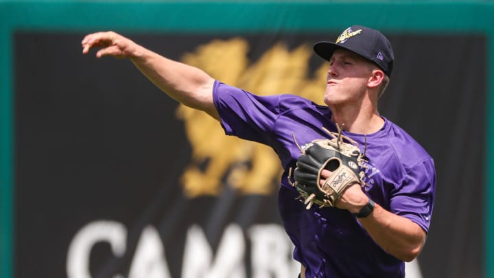 Pitcher Zebby Matthews warms up during a Fort Myers Mighty Mussels practice at Hammond Stadium in Fort Myers, Fla., on Tuesday, April 4, 2023.