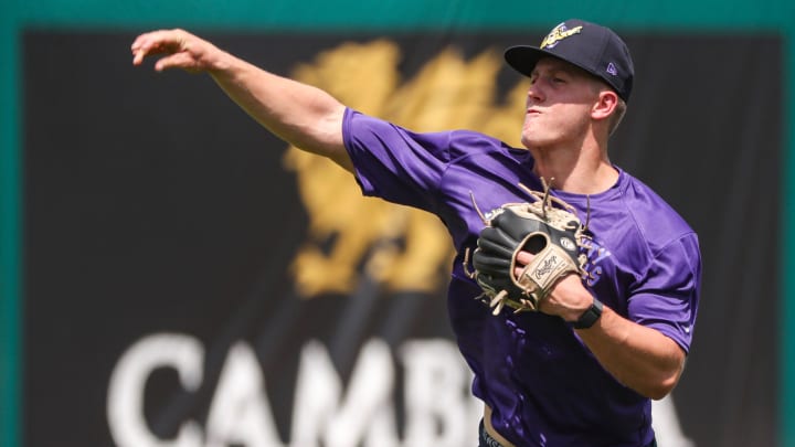 Pitcher Zebby Matthews warms up during a Fort Myers Mighty Mussels practice at Hammond Stadium in Fort Myers on Tuesday, April 4, 2023.

Fnp Jh 20230404 Musselsmediaday 0006