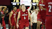 Jan 21, 2025; Dallas, Texas, USA; Louisville Cardinals guard Reyne Smith (6) reacts after a made three-point basket against the SMU Mustangs during the second half at Moody Coliseum. 